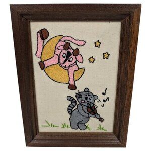 Completed Embroidered Cow Jump Over Moon Fiddle Cat Framed Frame 6x8" cute‎